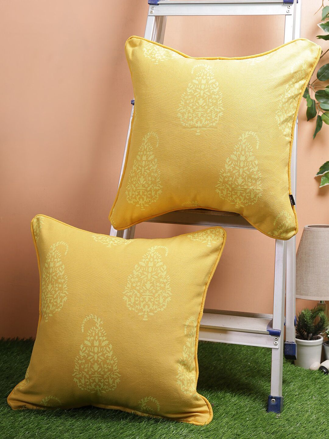Soumya Yellow Set of 2 Ethnic Motifs Square Cotton Cushion Covers Price in India