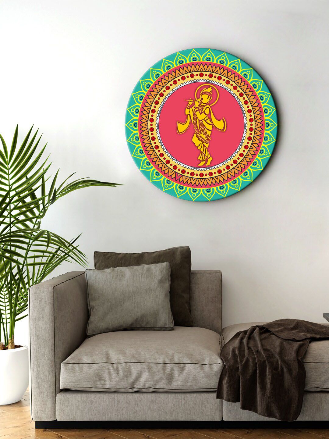 999Store Pink & Green Digitally Printed Decorative Krishan Round Wall Art Price in India