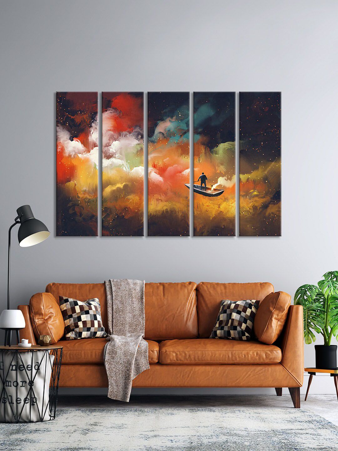 999Store Set Of 5 Navy Blue & Orange Man Rowing A Boat Under Beautiful Sky With Star Wall Art Frames Price in India