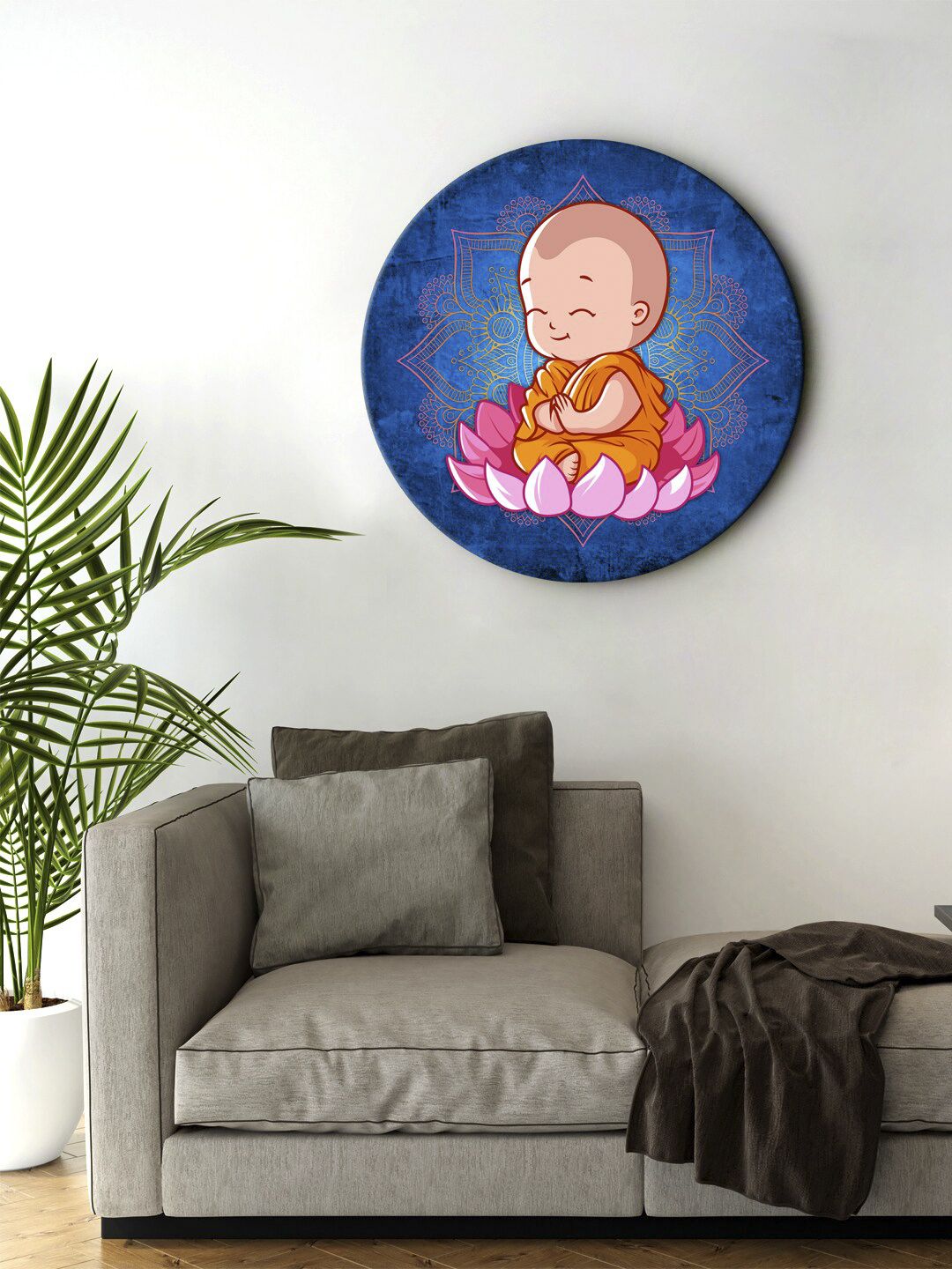 999Store Blue & Pink Digital Printed Little Meditation Buddha Siting On Lotus Round Wall Art Price in India