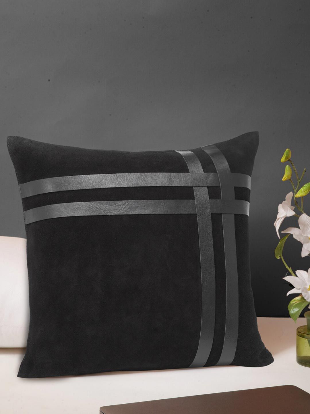 IMUR Black Striped Leather Square Cushion Cover Price in India