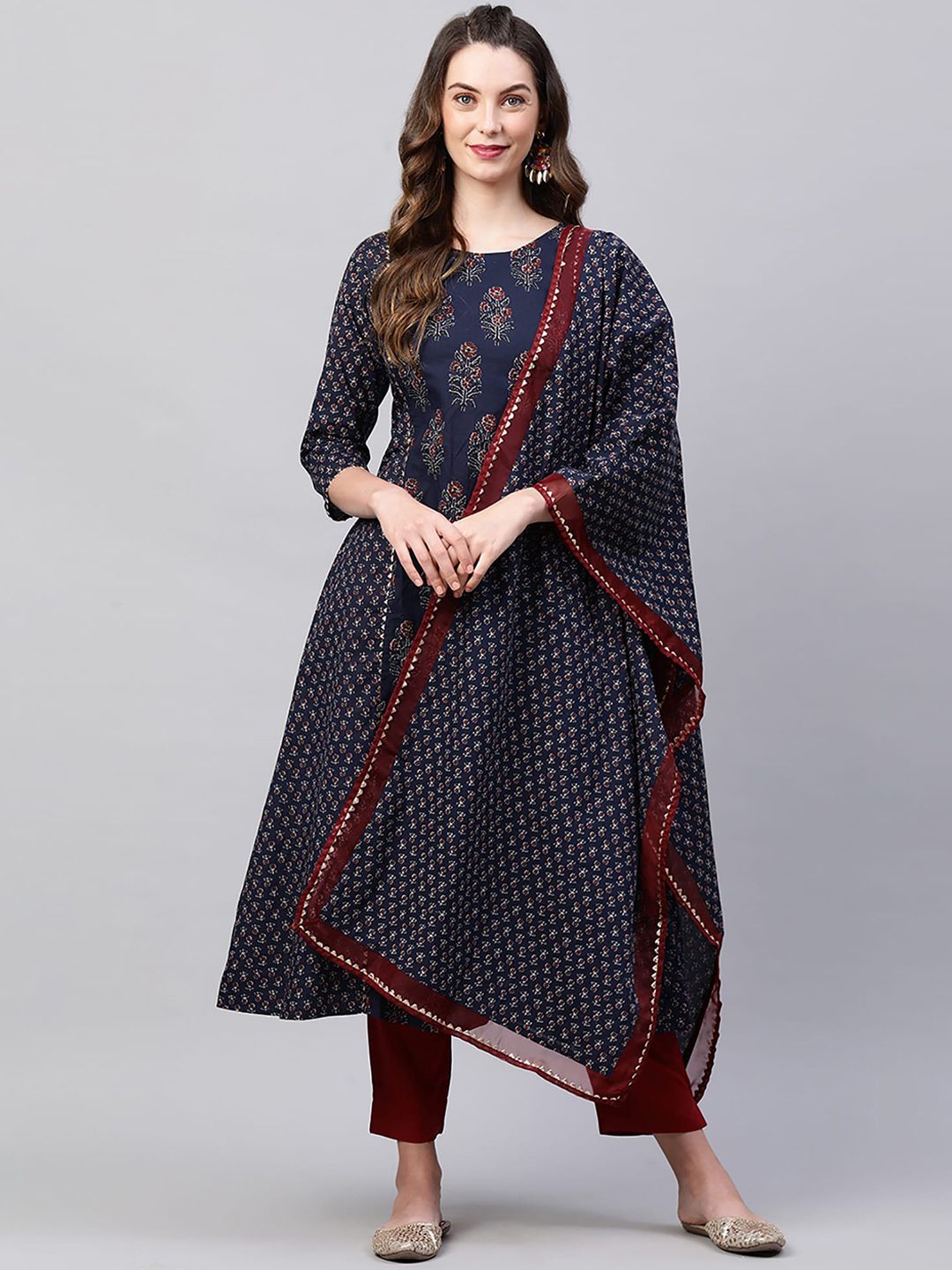 Indo Era Women Navy Blue Ethnic Motifs Printed Pure Cotton Kurta with Trousers & With Dupatta Price in India