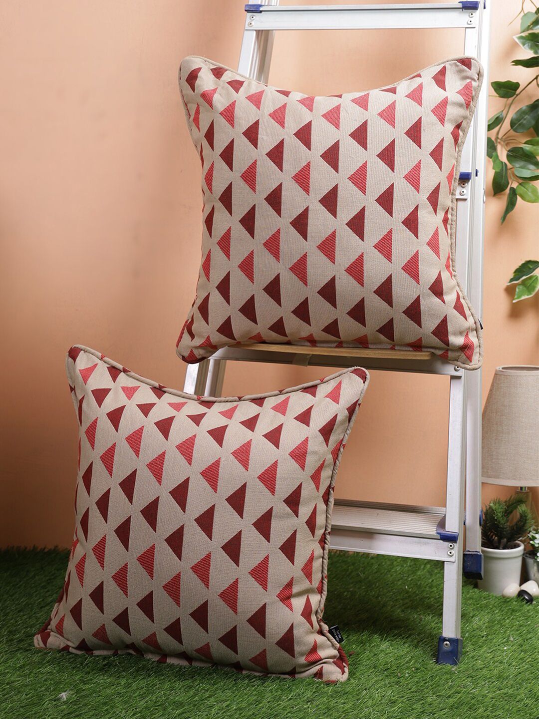 Soumya Set Of 2 Cream & Maroon Geometric Square Cushion Covers Price in India