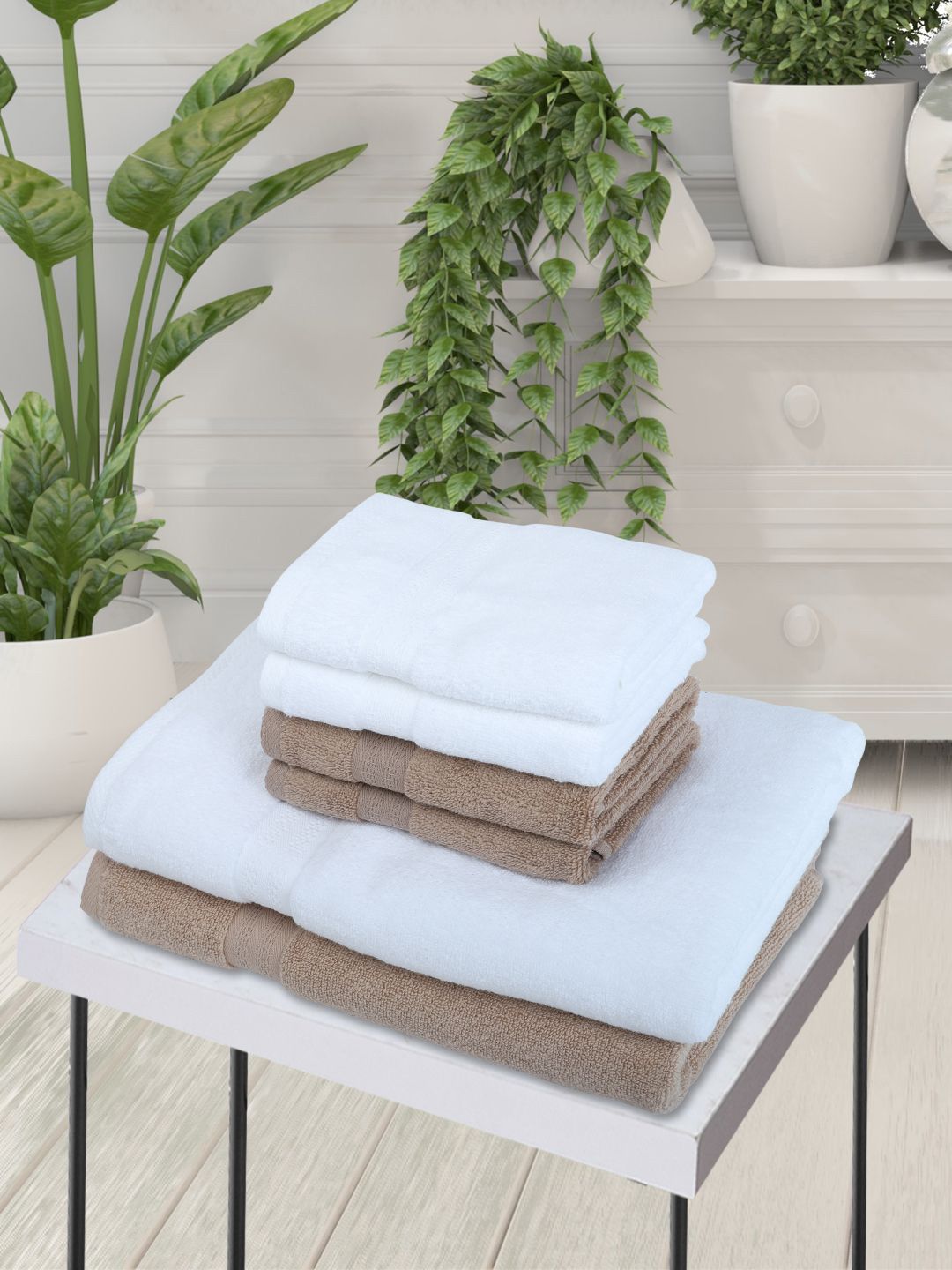 BIANCA Set Of 6 White & Taupe Solid 500 GSM Pure Cotton Towel Set Price in India
