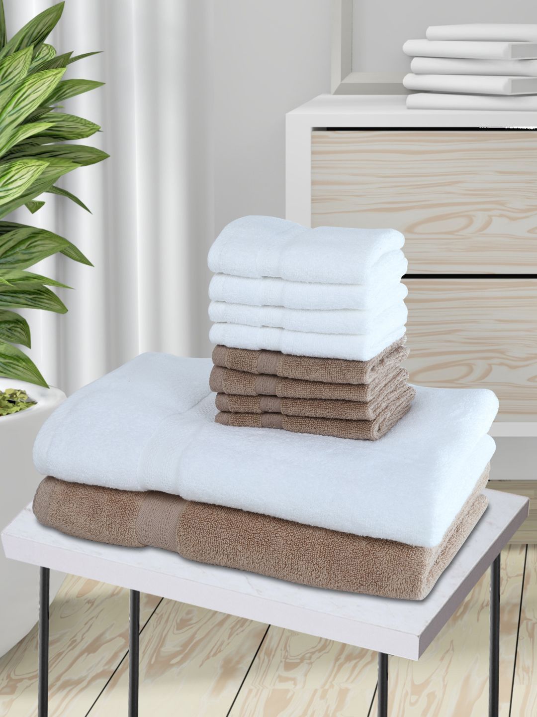 BIANCA Set Of 10 White & Beige Solid 500 GSM Cotton Towels Set Price in India