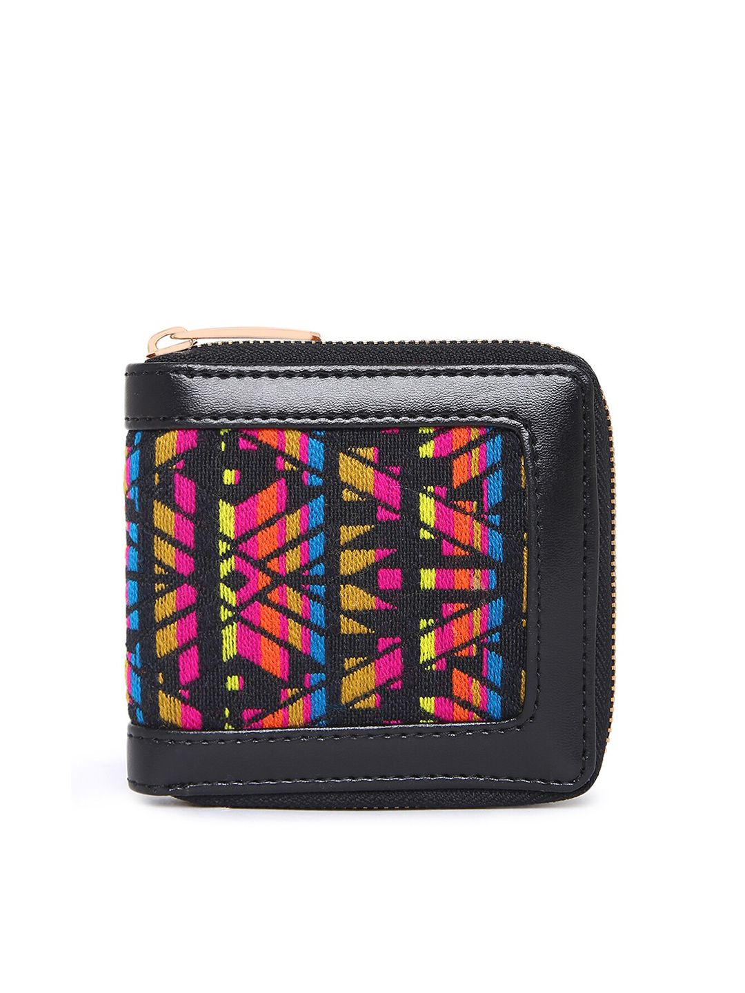 KLEIO Women Black & Pink Geometric Self Design Zip Around Wallet Price in India