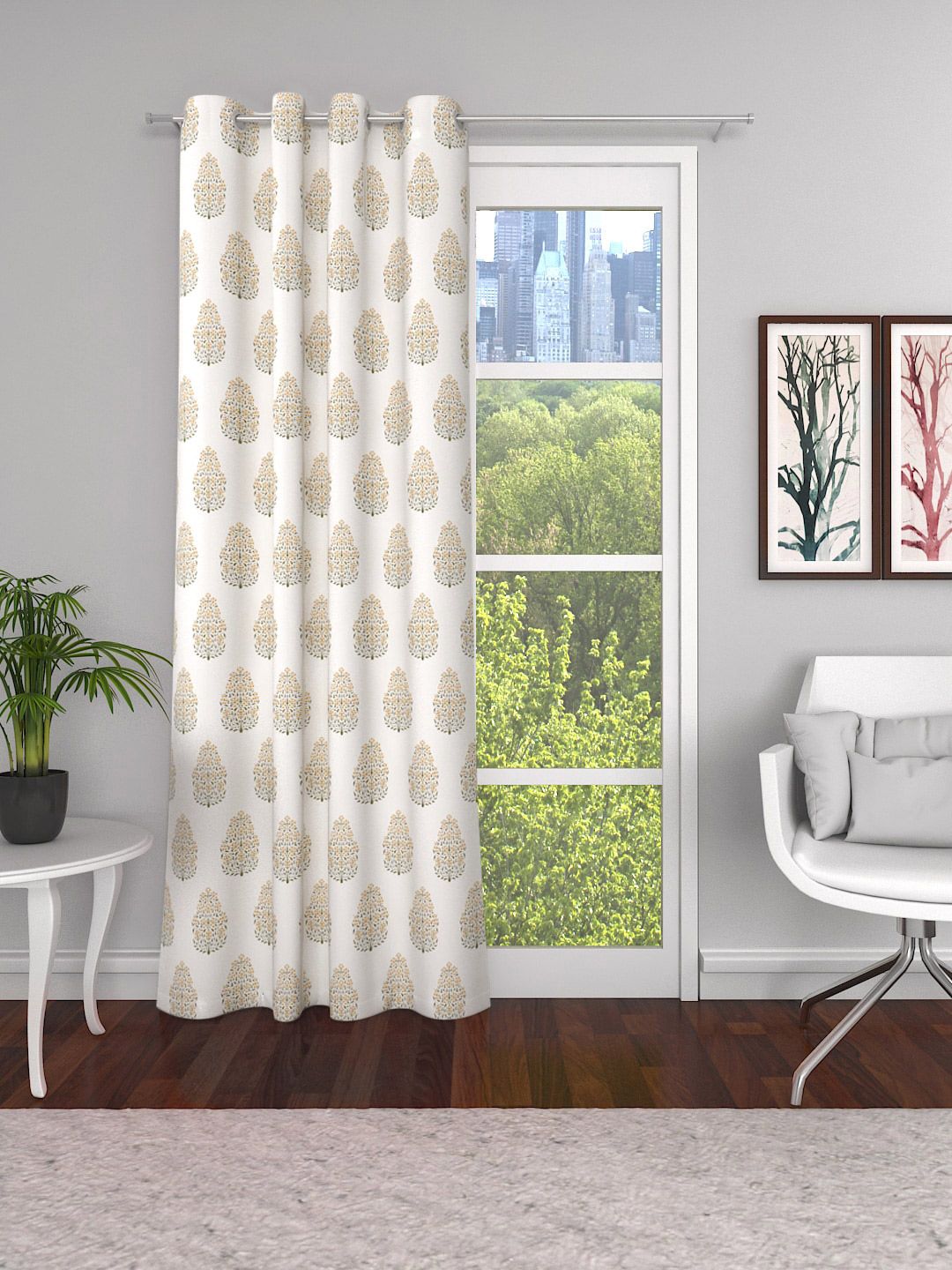 Soumya White & Yellow Single Floral Semi Sheer Door Curtain Price in India