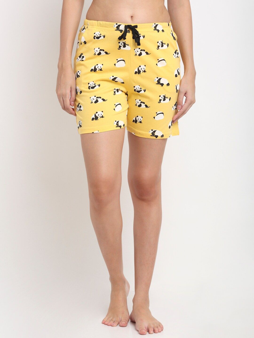 Kanvin Women Yellow & White Panda Printed Cotton Lounge Shorts Price in India