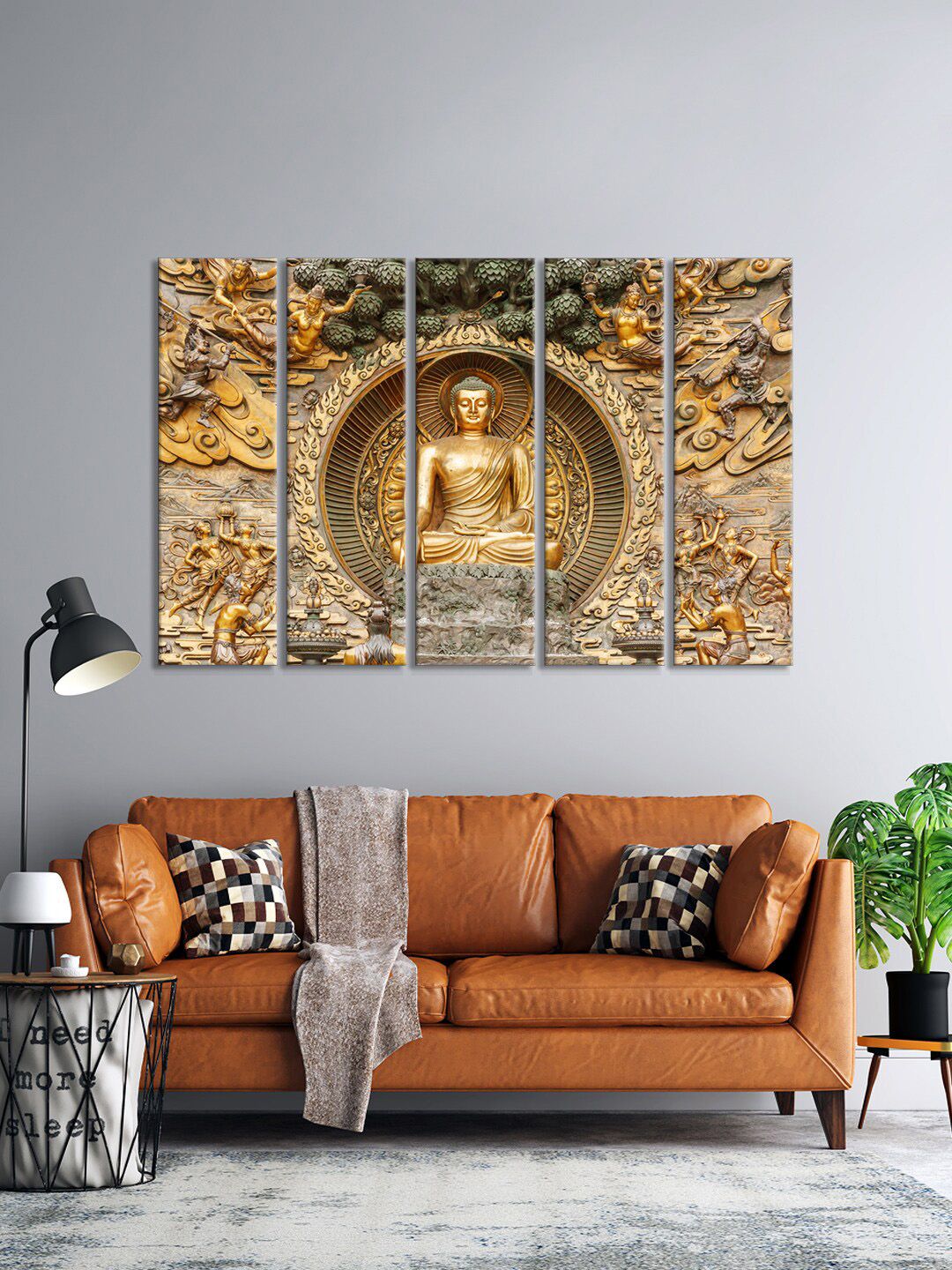 999Store Set Of 5 Gold-Toned & Grey Bed Buddha Wall Art Frames Price in India