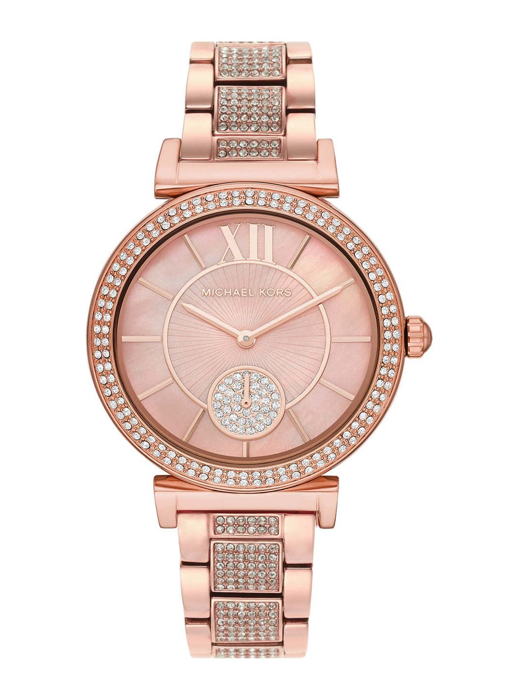 Michael Kors Women Pink Embellished & Rose Gold-Plated Bracelet Style Straps Watch MK4617 Price in India