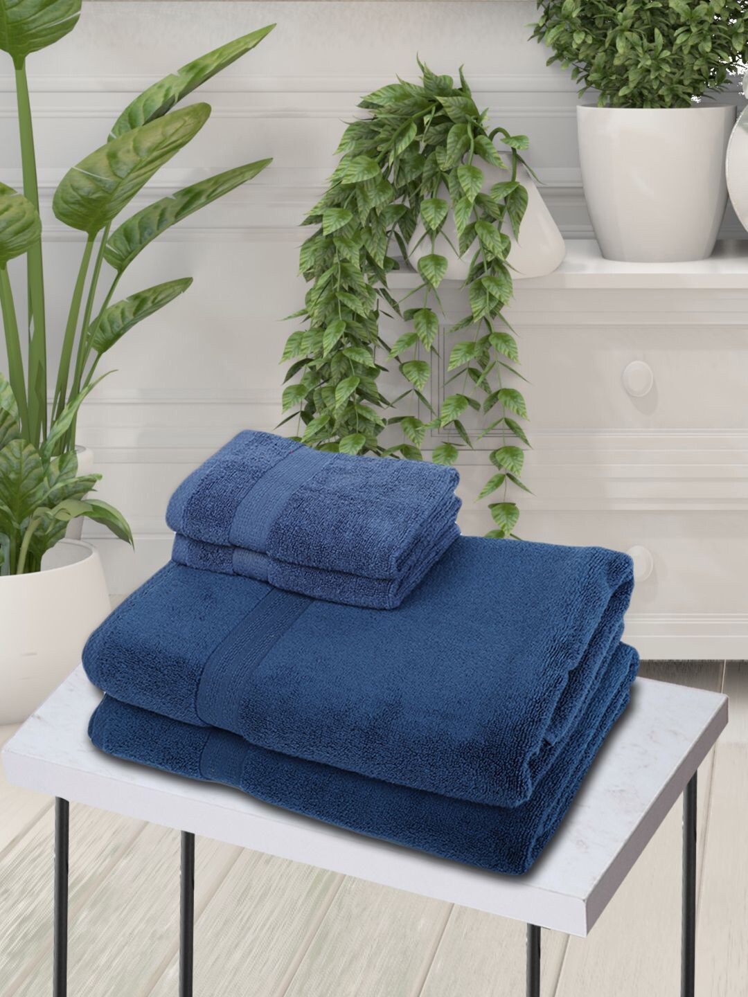BIANCA Set Of 4 Blue Solid 500 GSM Pure Cotton Towel Set Price in India