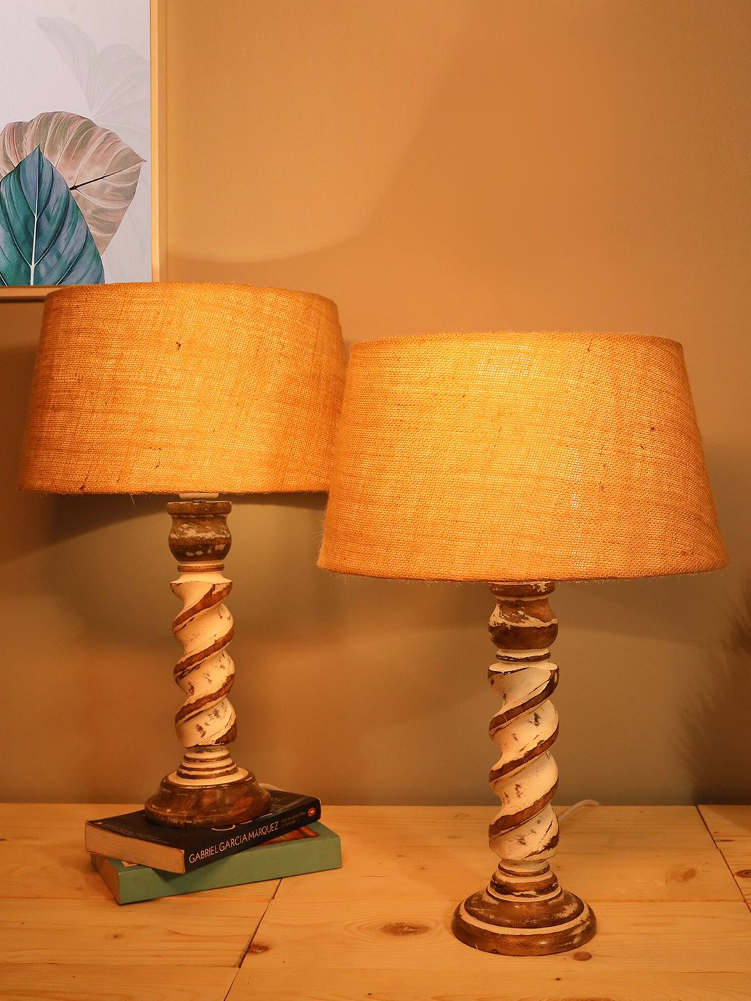 Homesake Beige & White Contemporary Handcrafted Bedside Standard Table Lamp Price in India