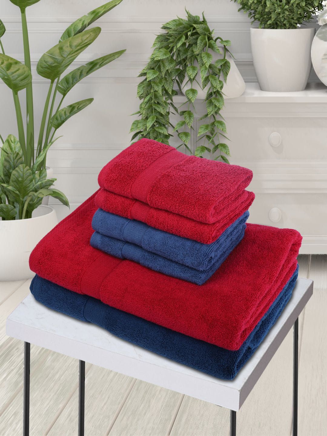 BIANCA Set Of 6 Navy Blue & Red Solid 500 GSM Cotton Towels Set Price in India