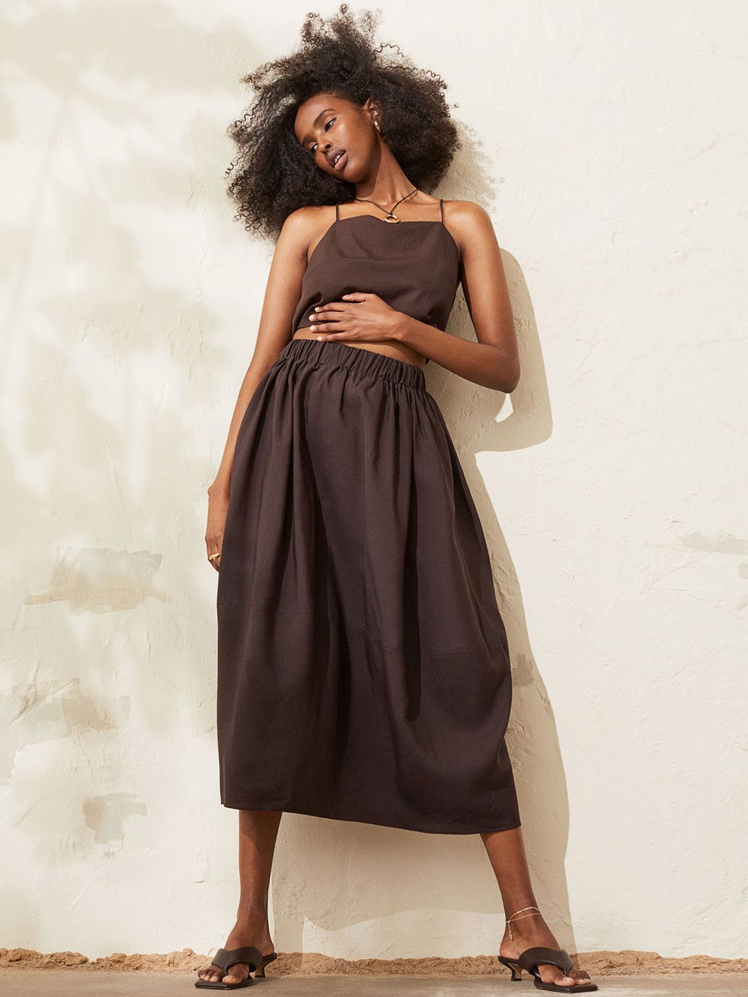 H&M Women Brown Solid Lyocell-Blend Midi Skirt