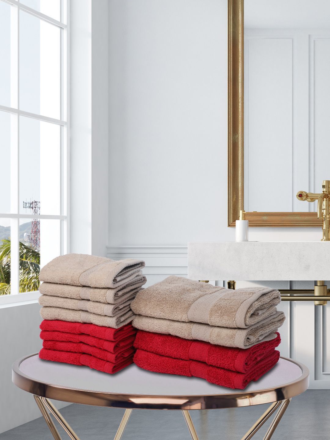 BIANCA Set Of 12 Red & Beige 500 GSM Solid Towels Price in India