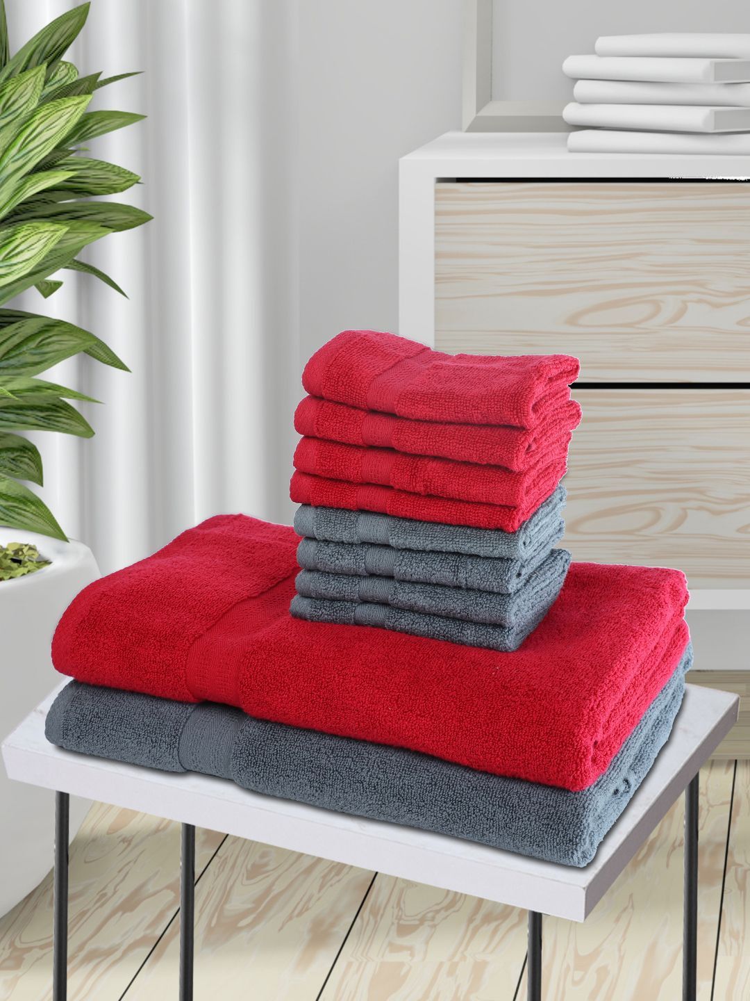 BIANCA Red & Grey 10-Pieces Solid 500 GSM Face & Bath Towel Set Price in India