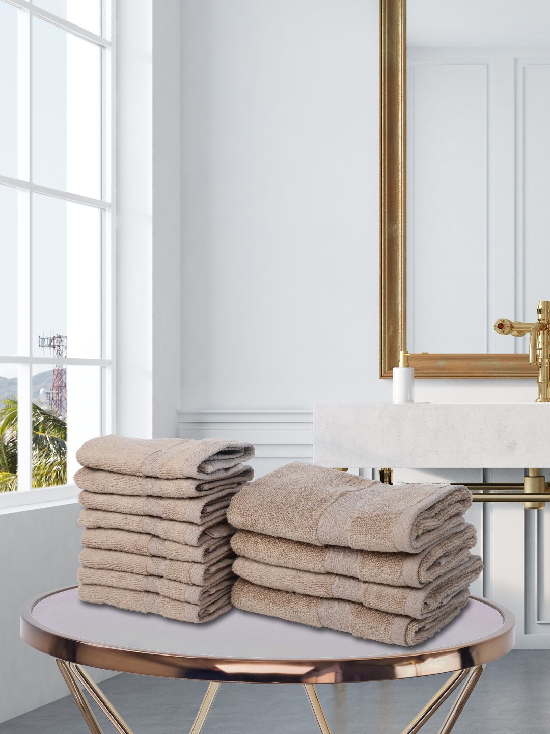 BIANCA Set Of 12 Beige Solid 500 GSM Pure Cotton Zero-Twist Ultra-Fluffy Towels Price in India