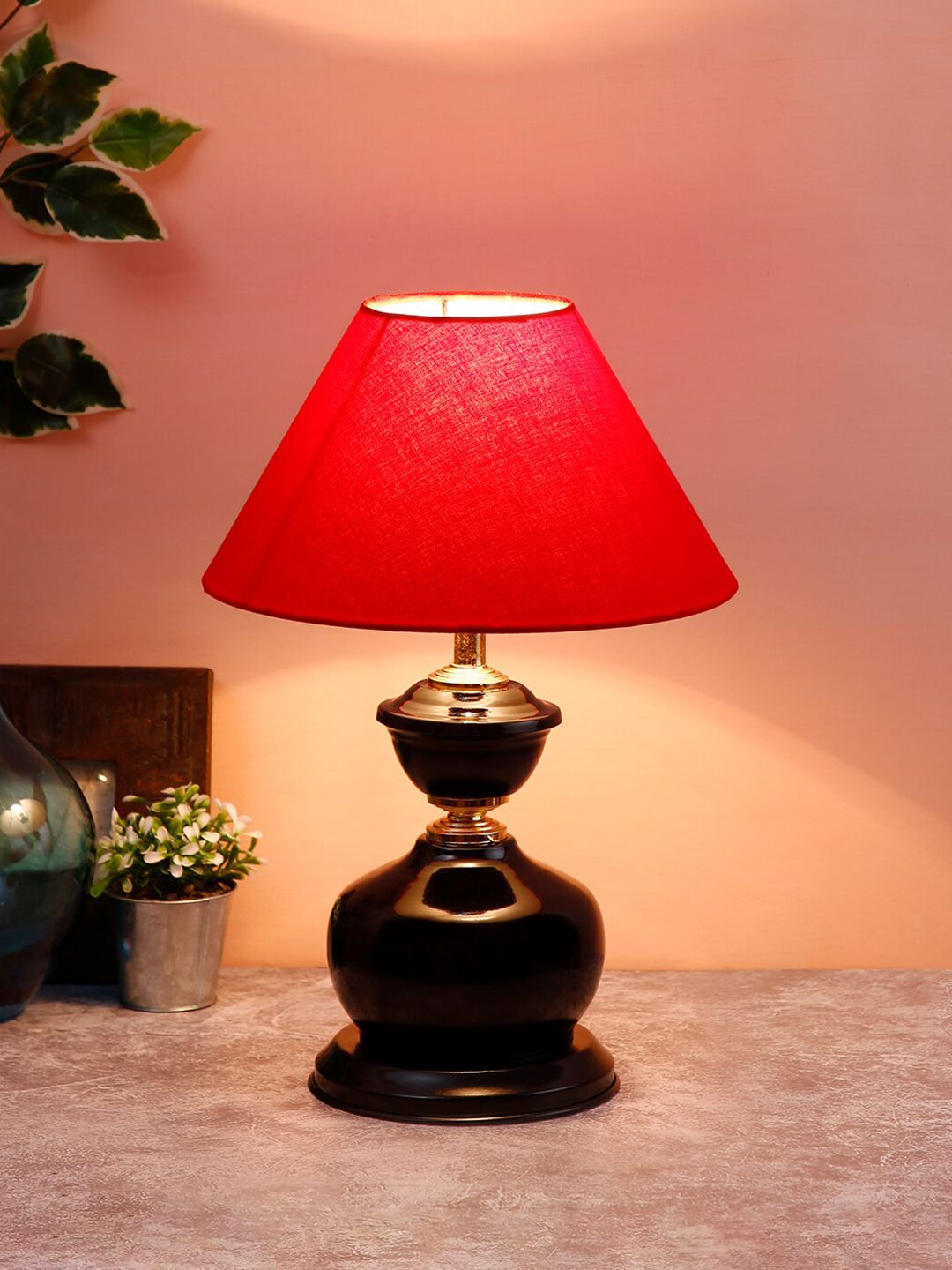 Devansh Red & Black Traditional Table Lamp with Shade Price in India