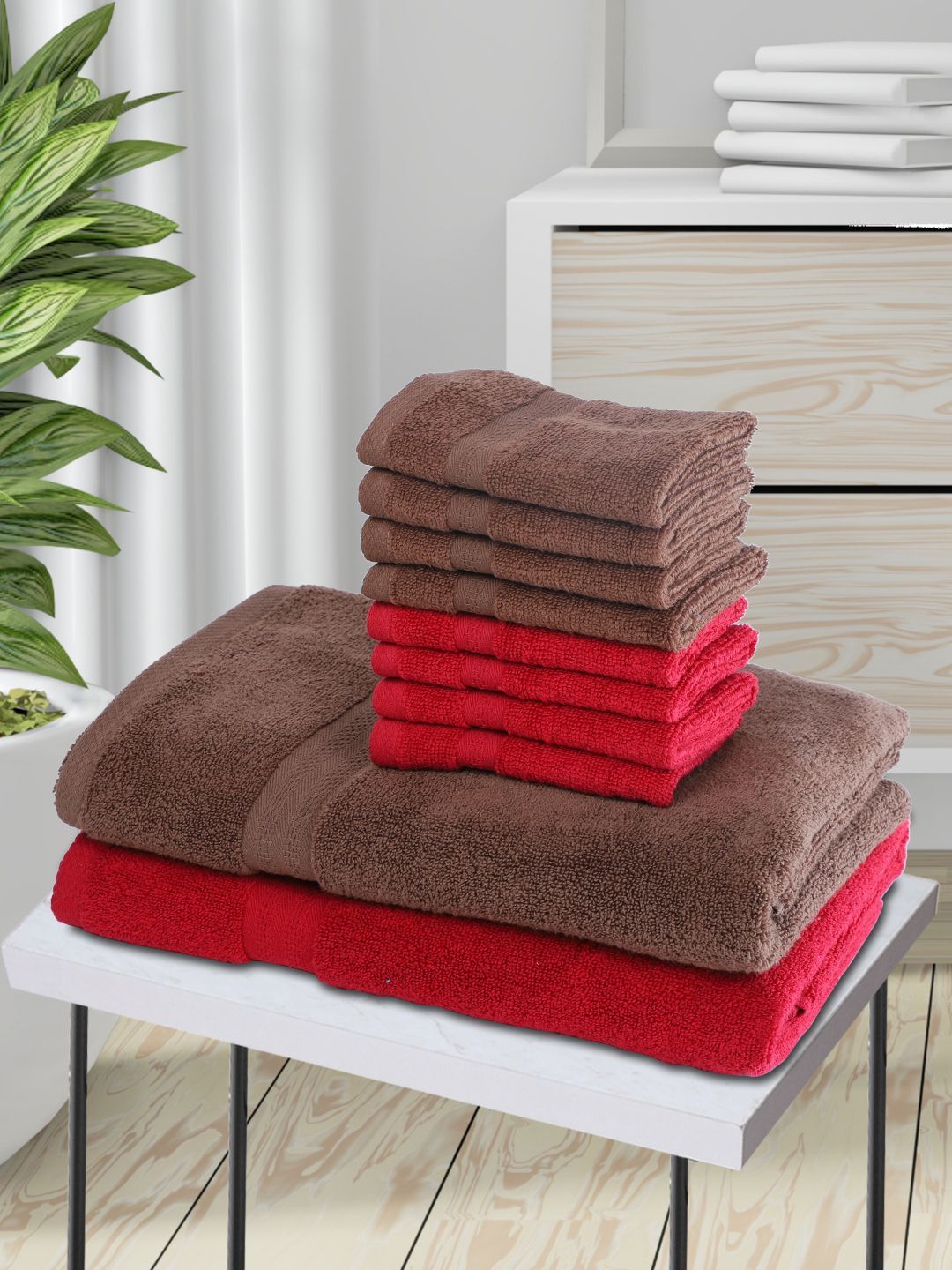 BIANCA Set Of 10 Red & Brown Solid 500 GSM Cotton Towels Set Price in India