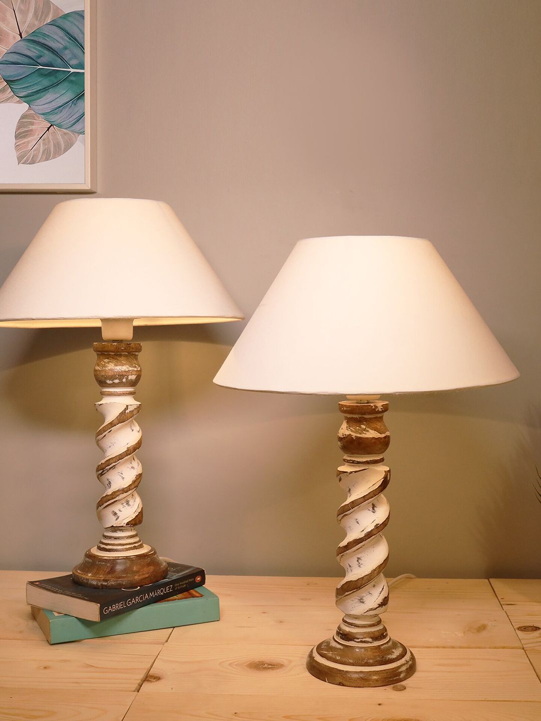 Homesake White & Brown Set Of 2 Contemporary Handcrafted Table Lamp with Shade Price in India