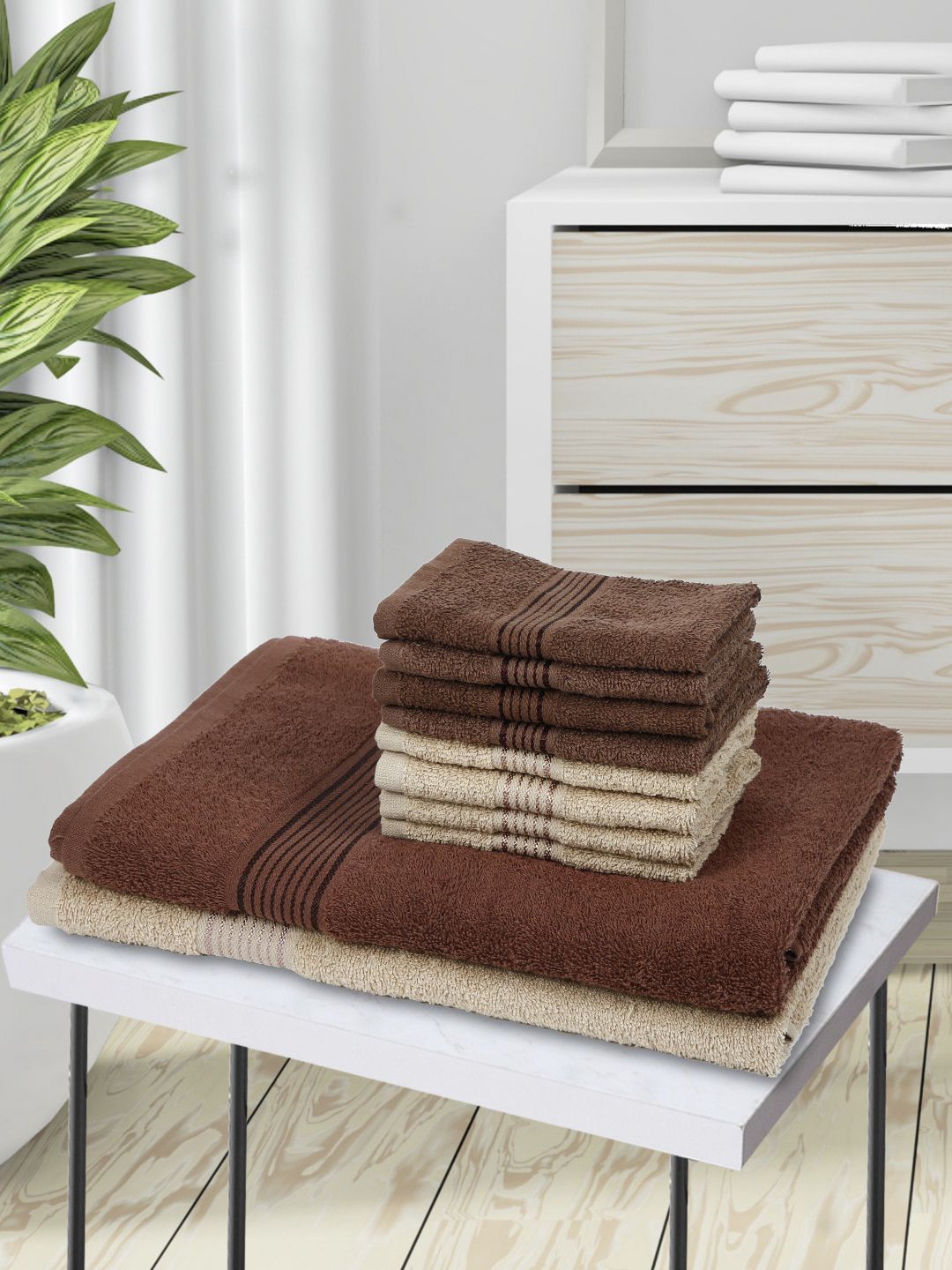 BIANCA Set Of 10 Brown Solid 500 GSM Pure Cotton Towel Set Price in India