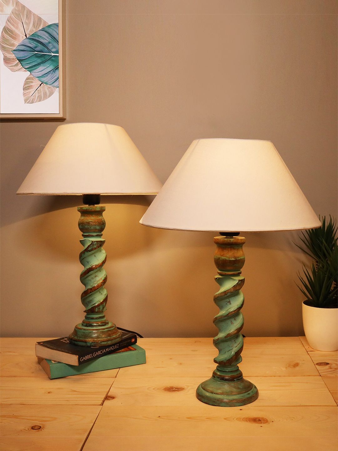 Homesake White & Turquoise Blue Set Of 2 Handcrafted Bedside Standard Table Lamp Price in India