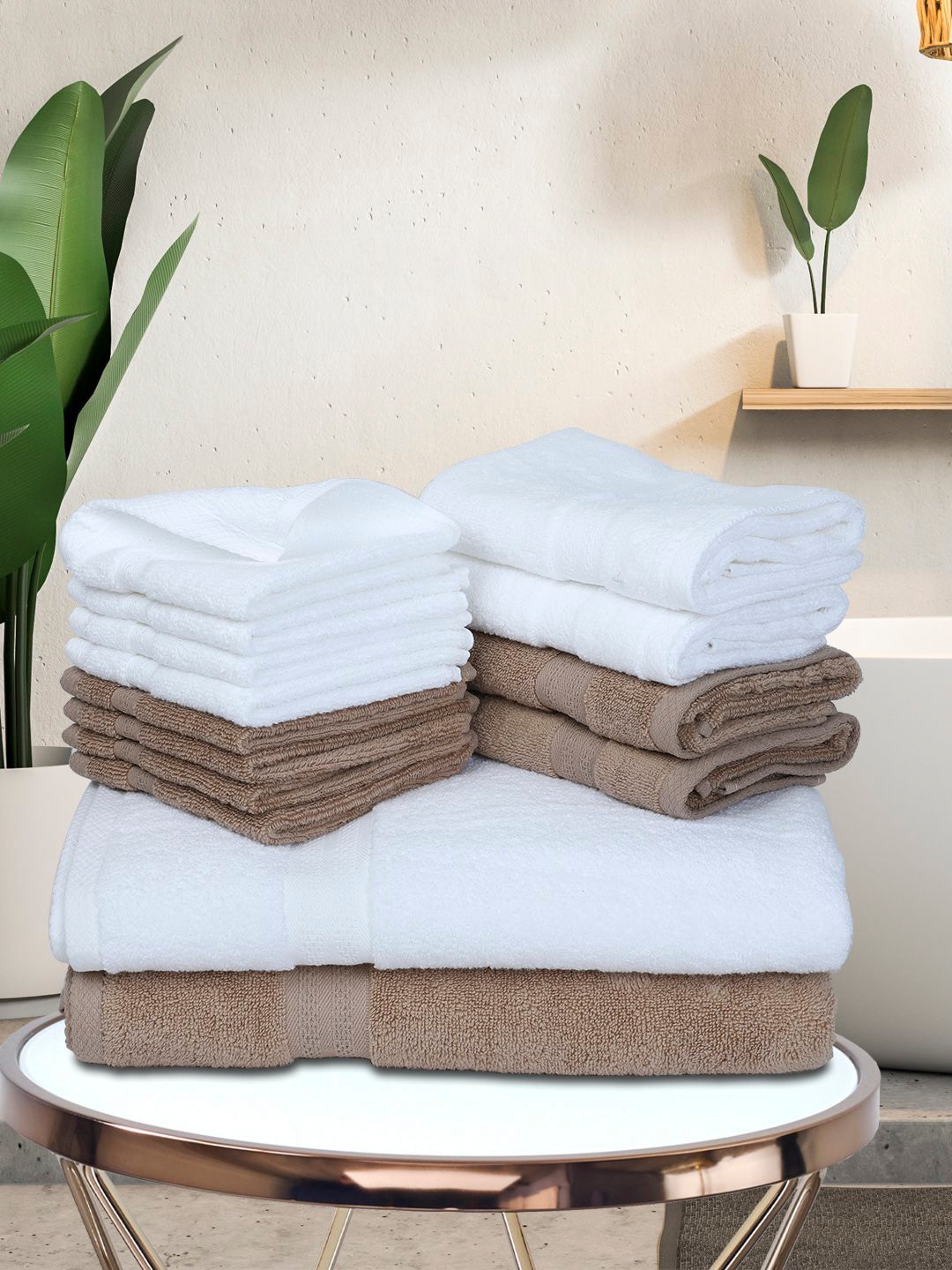 BIANCA Set Of 14 White & Taupe Solid 500 GSM Cotton Towels Set Price in India