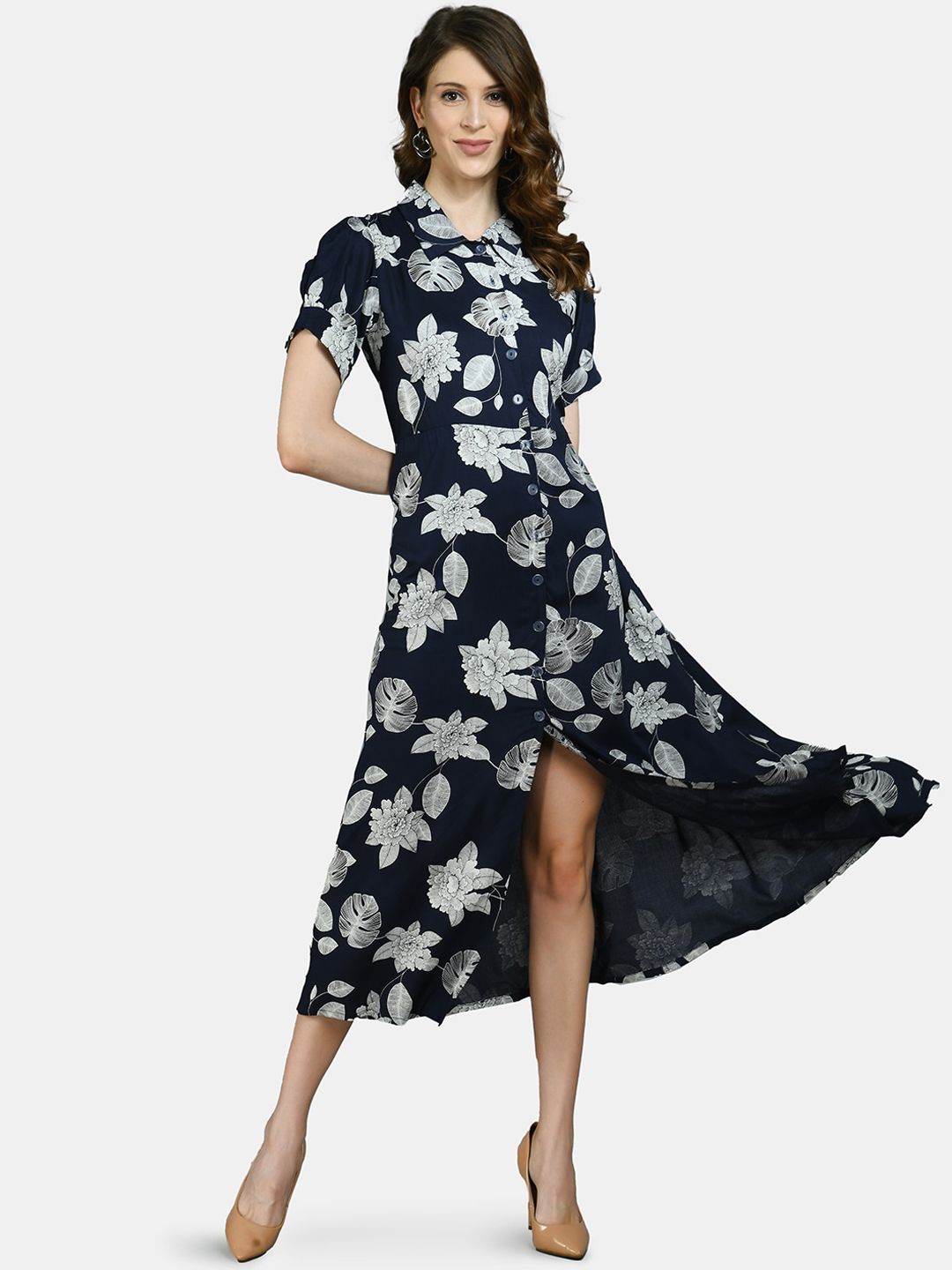 Myshka Navy Blue & White Floral printed Shirt Midi Dress Price in India