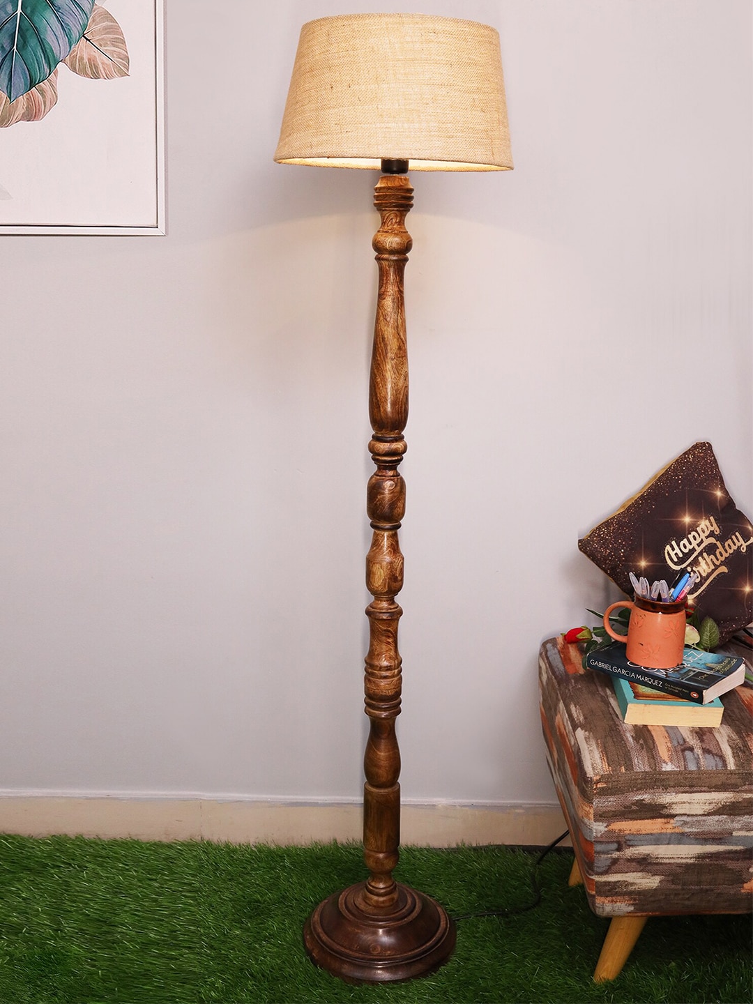 Homesake Beige & Brown Set Of 2 Textured Contemporary Handcrafted Club Lamp with Shade Price in India
