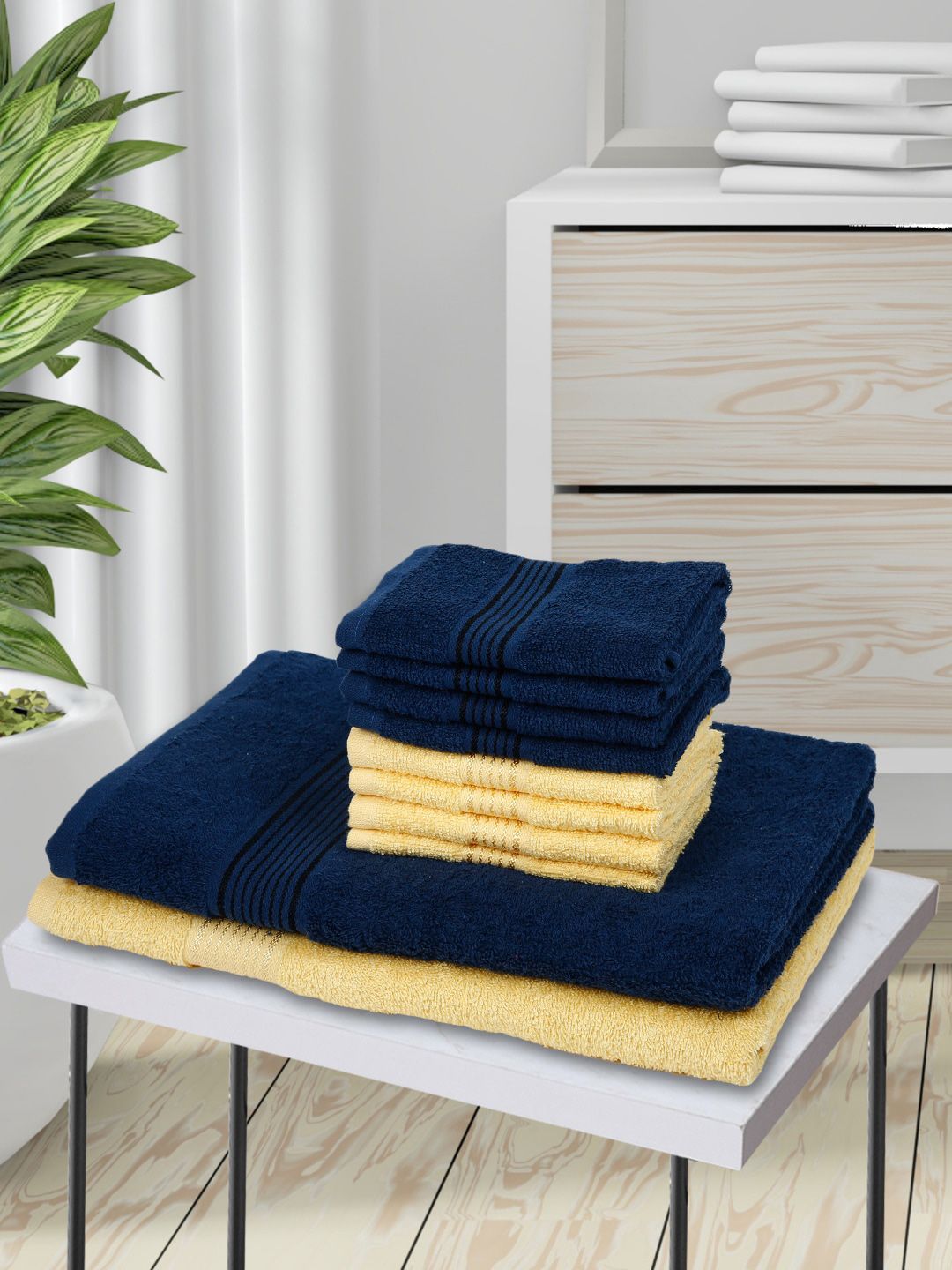 BIANCA Set Of 10 Navy Blue & Yellow Solid 380 GSM Pure Combed Cotton Terry Towels Price in India