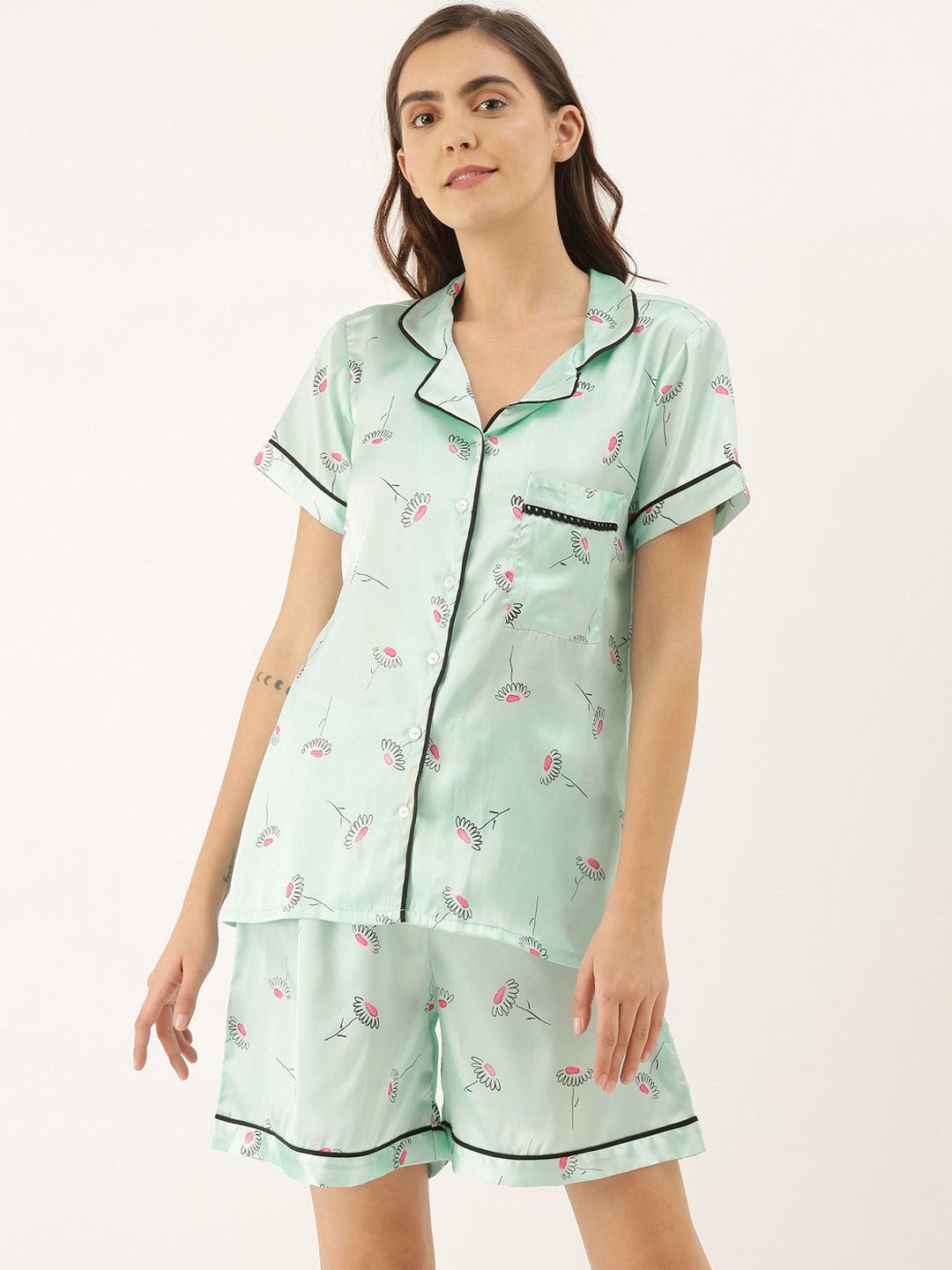 Bannos Swagger Women Sea Green & Pink Printed Night suit Price in India