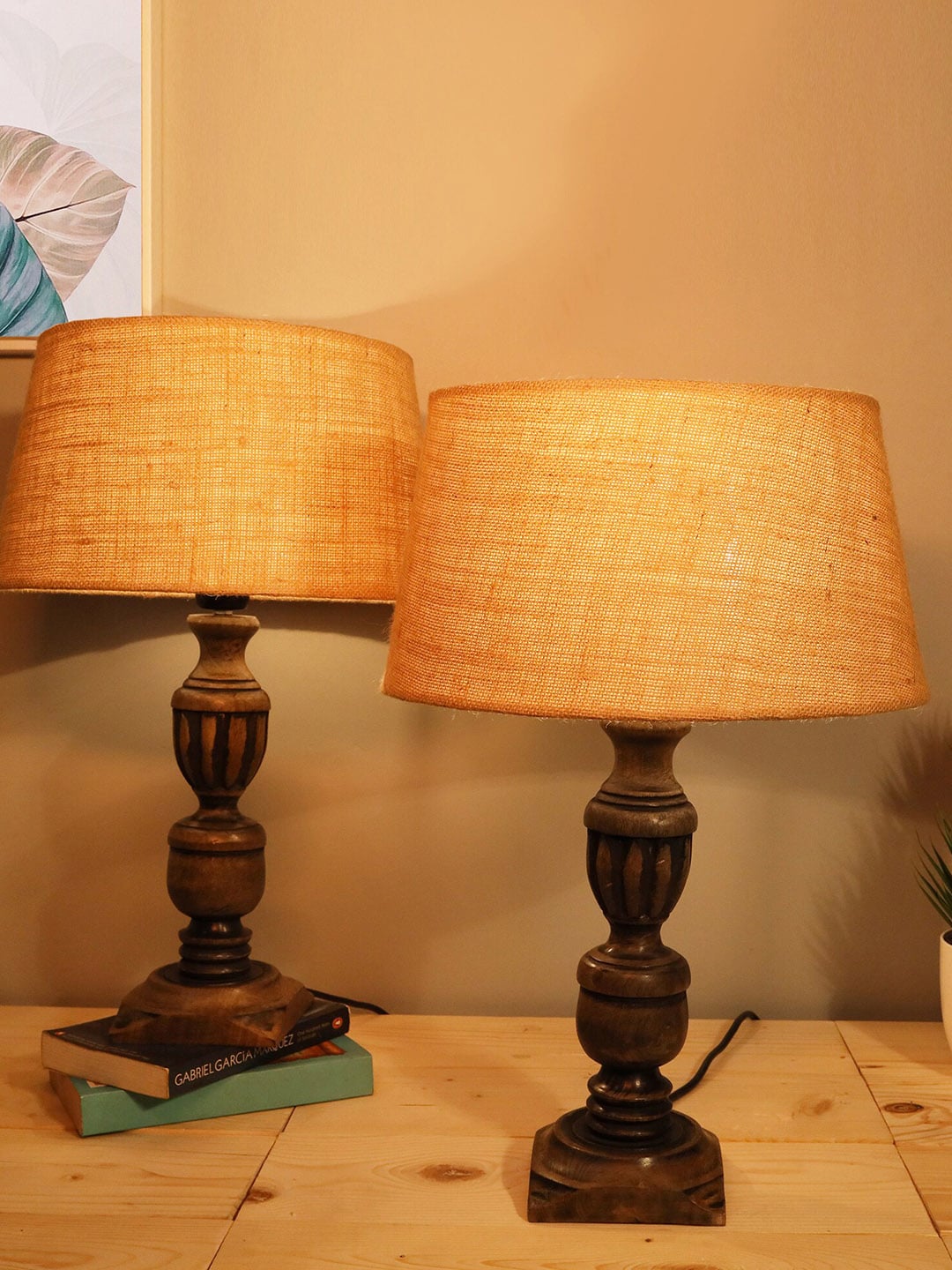 Homesake Set of 2 Beige & Black Contemporary Handcrafted Table Lamps with Shades Price in India