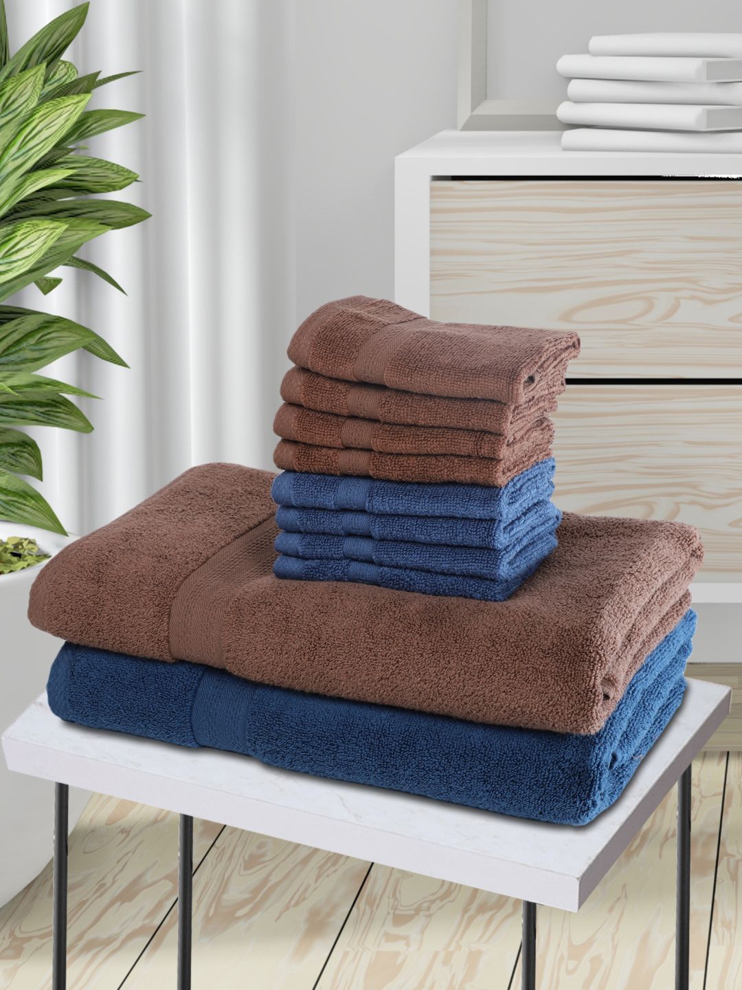BIANCA Set Of 10 Brown & Navy Blue Solid Zero-Twist Pure Cotton Ultra-Fluffy Towels Price in India