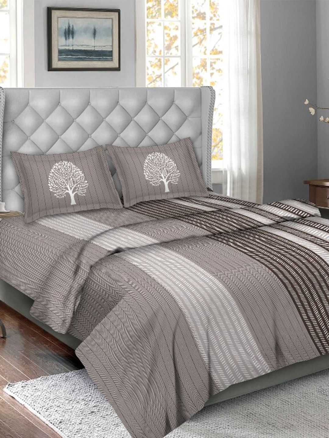 BELLA CASA Grey & White Geometric Printed Double Queen Bedding Set With Comforter Price in India