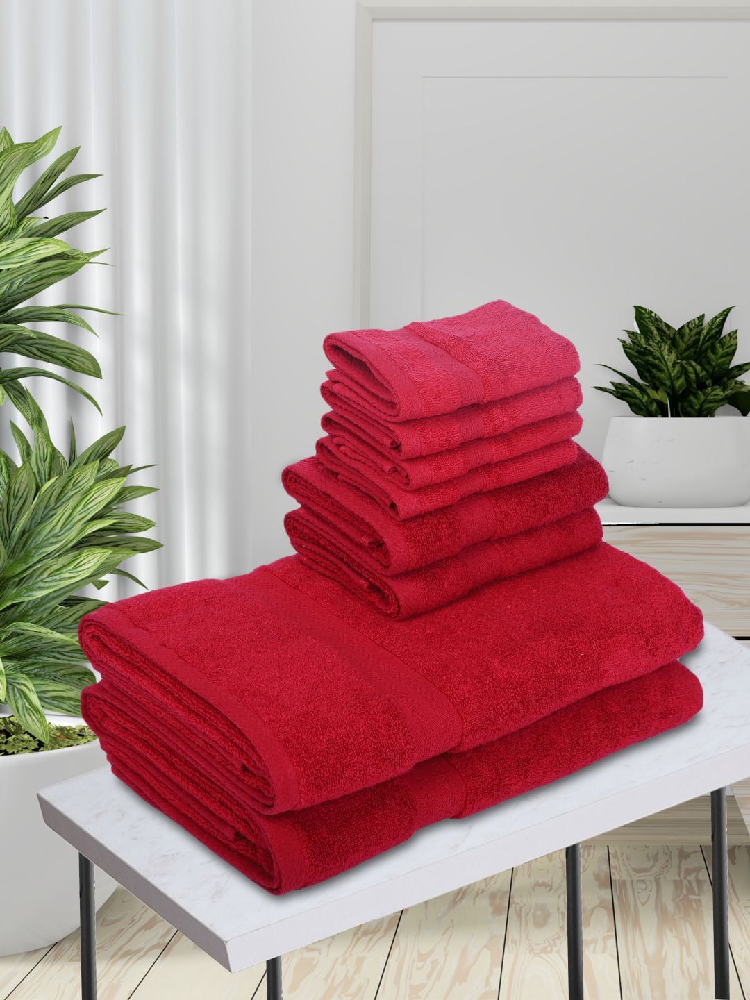 BIANCA Set Of 8 Red Solid 500 GSM Pure Cotton Towel Set Price in India