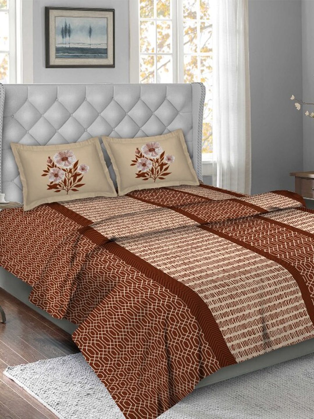 BELLA CASA Brown & Beige Floral Printed Cotton Double King Bedding Set Price in India
