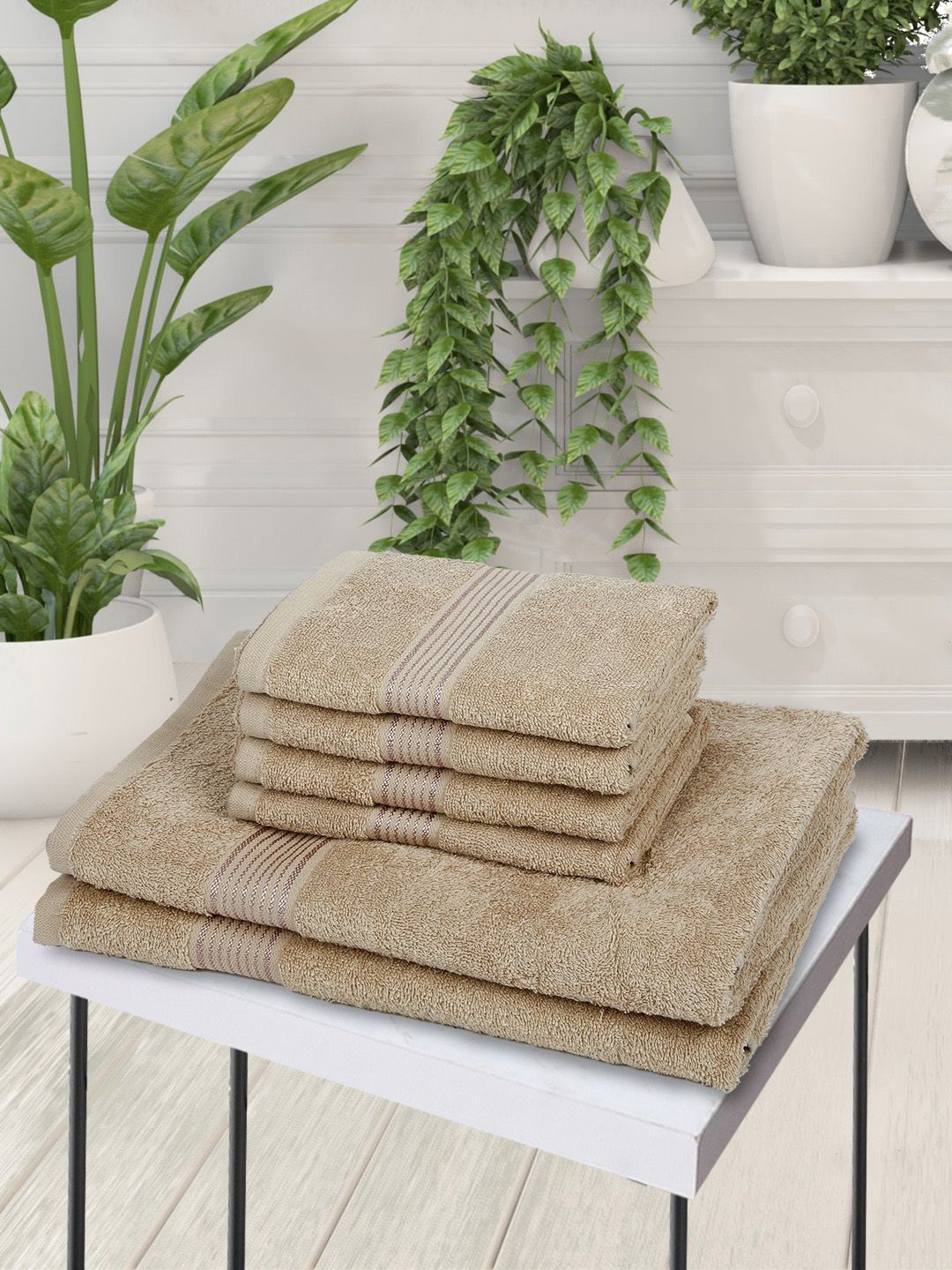 BIANCA Set Of 6 Taupe Solid 380 GSM Pure Combed Cotton Terry Towels Price in India