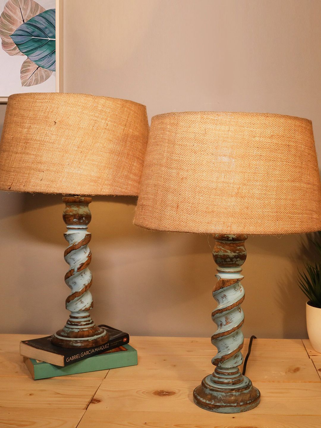 Homesake Beige & Sea Green Contemporary Handcrafted Bedside Standard Table Lamp Price in India