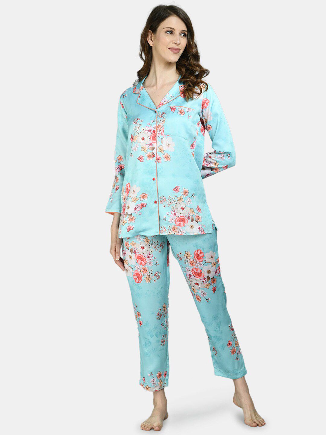 Myshka Women Turquoise Blue & Pink Printed Night suit Price in India