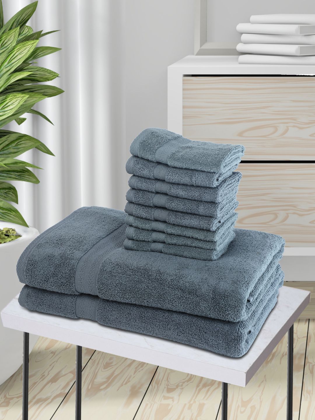 BIANCA Set Of 10 Grey Solid 500 GSM Pure Cotton Zero-Twist Ultra-Fluffy Towels Price in India