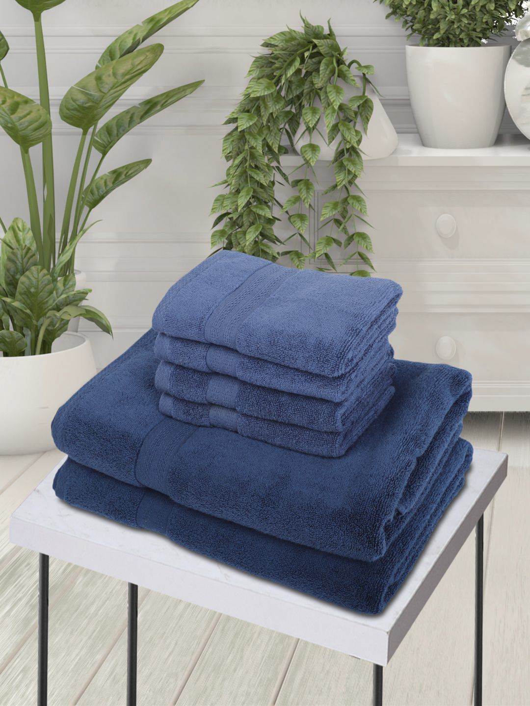 BIANCA Set Of 6 Navy-blue Solid 500 GSM Cotton Towels Set Price in India