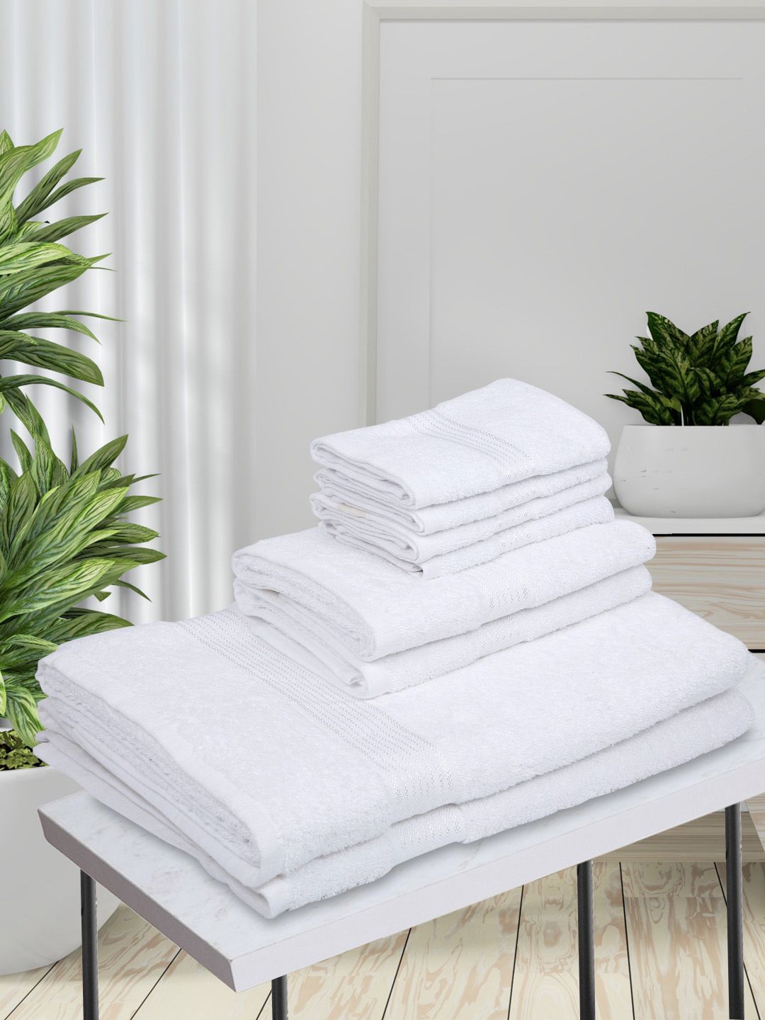 BIANCA Set Of 8 White Solid 380 GSM Pure Combed Cotton Terry Towels Price in India