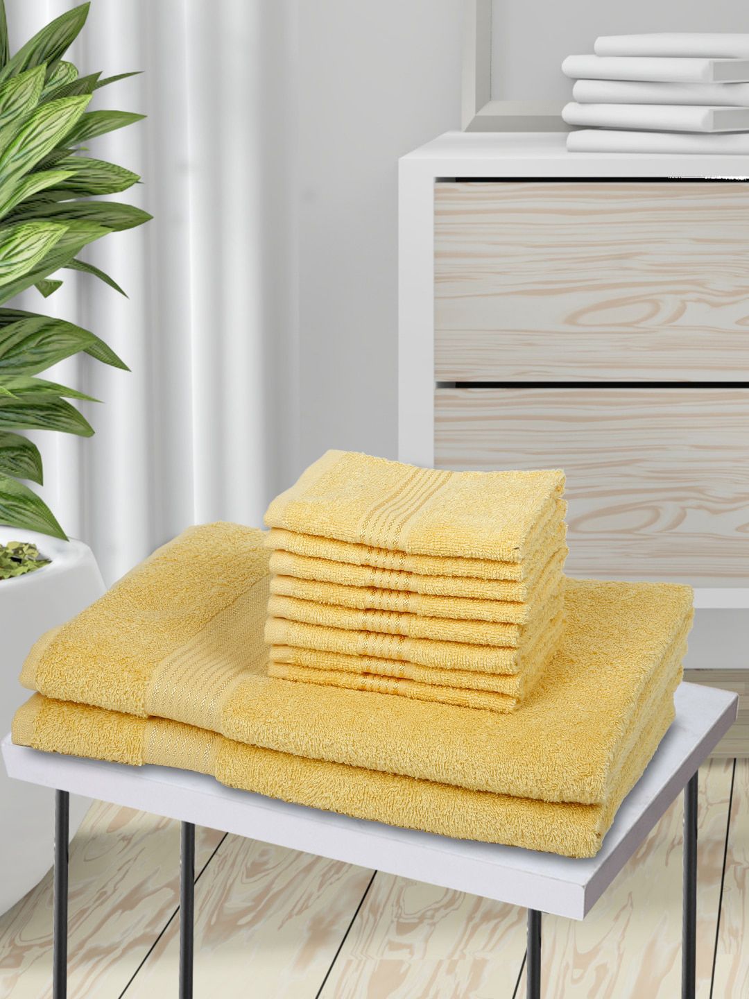 BIANCA Set Of 10 Yellow Solid Pure Cotton 380 GSM Super-Soft Towel Set Price in India