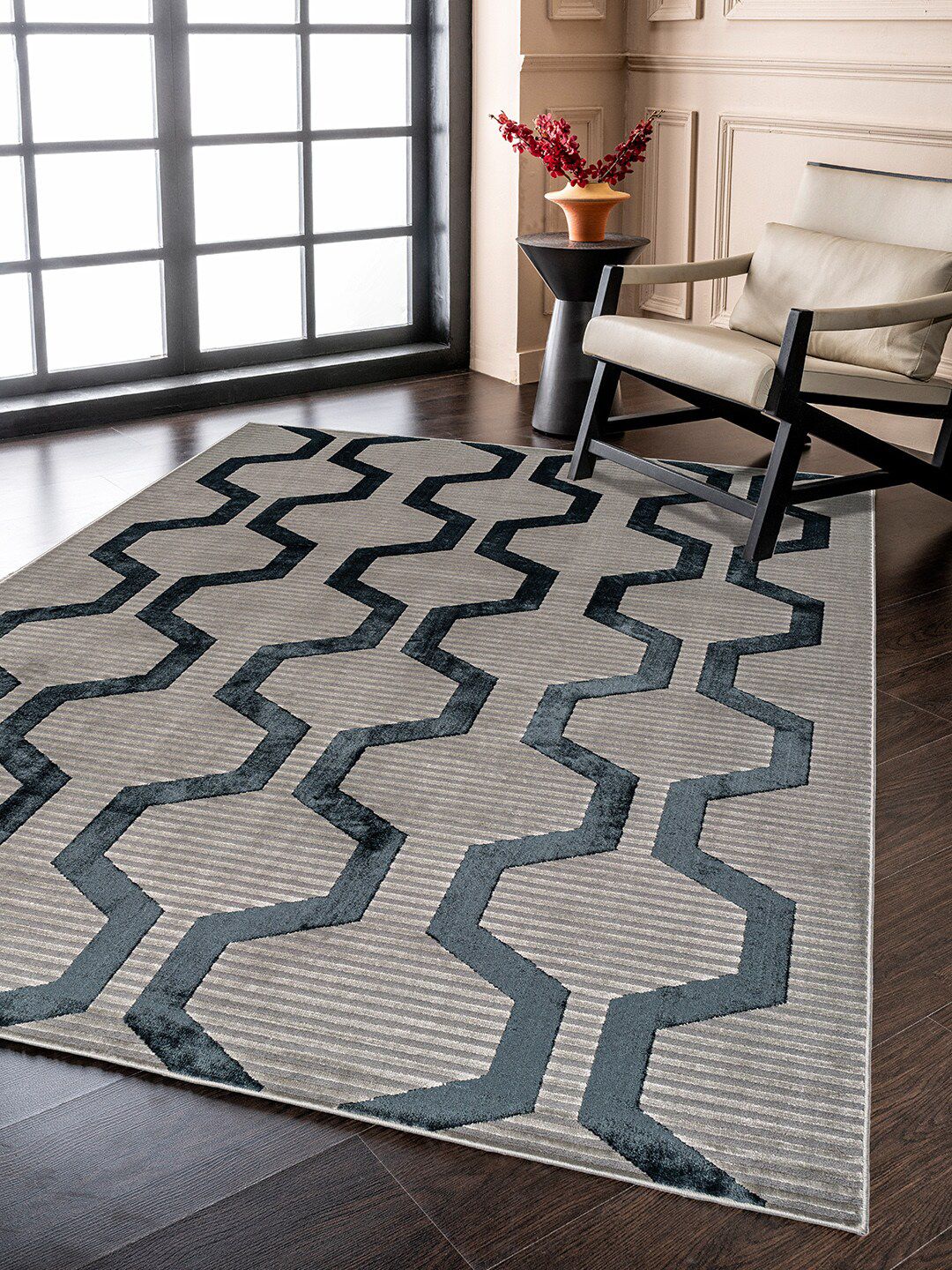 DDecor Grey & Blue Geometric Floor Carpet Price in India