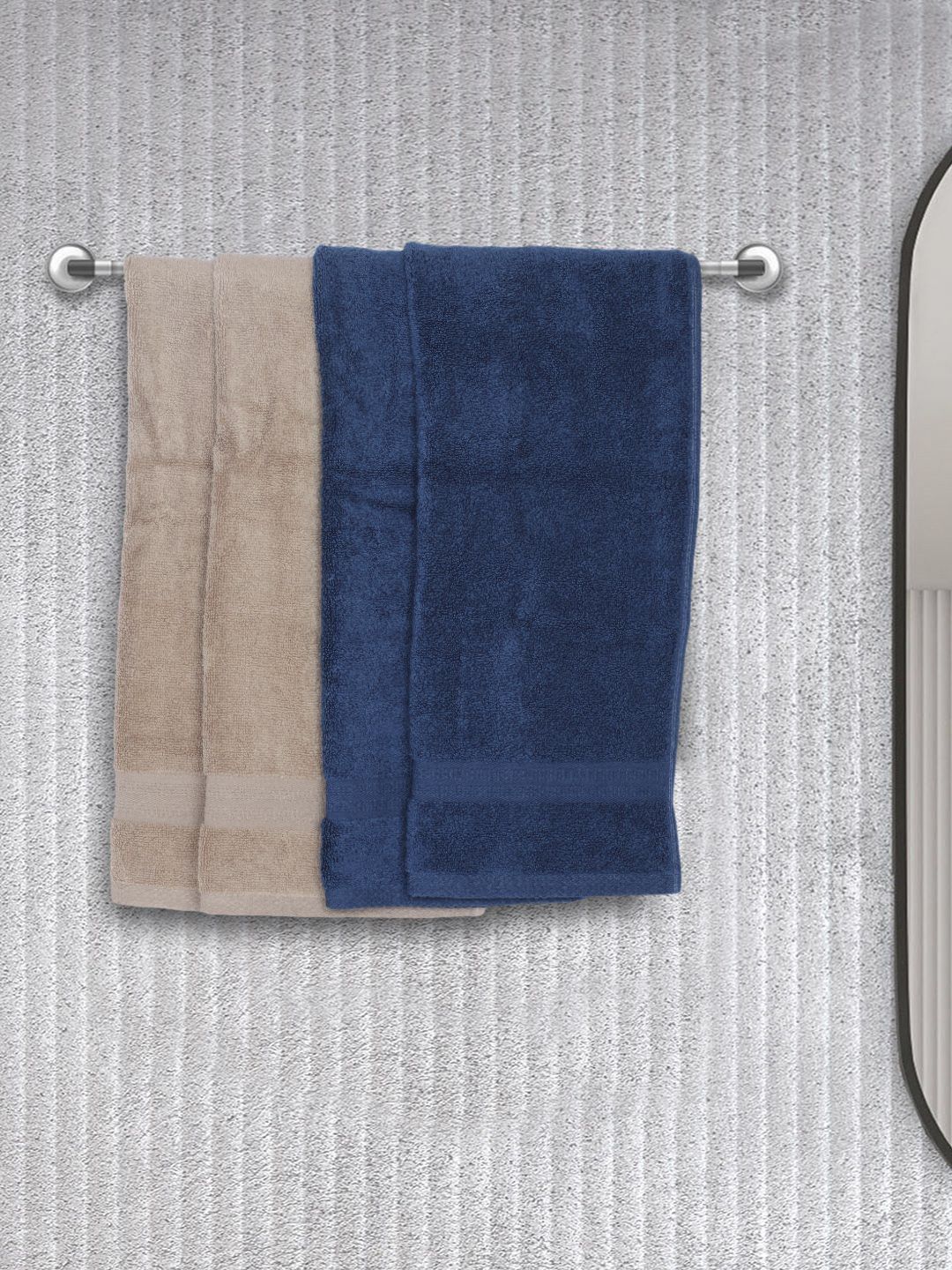 BIANCA Set Of 4 Beige & Blue Solid 380 GSM Pure Combed Cotton Terry Hand Towels Price in India