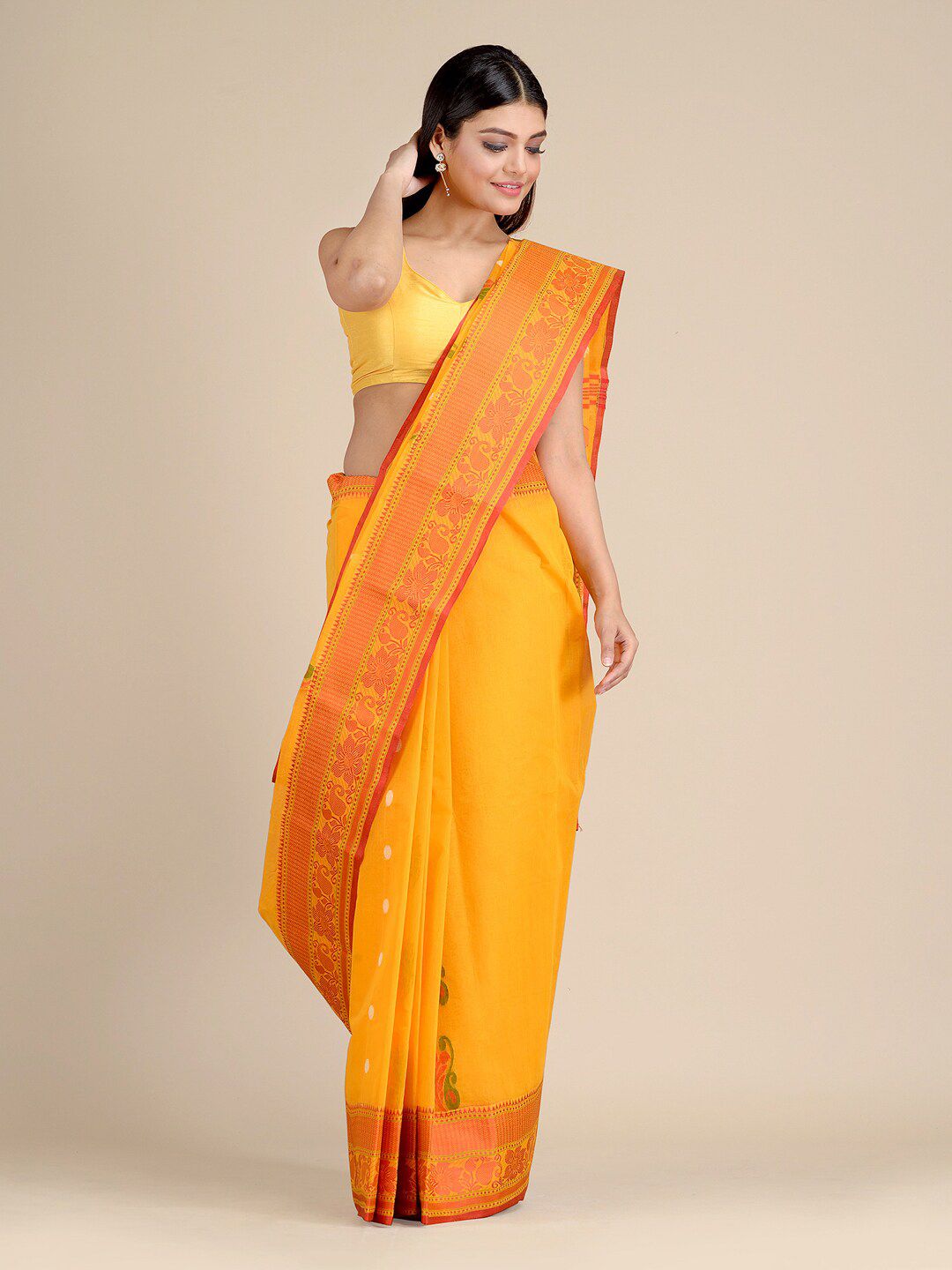 Mitera Yellow & Red Floral Pure Cotton Jamdani Saree Price in India