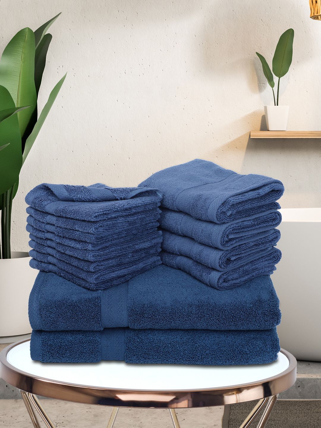 BIANCA Set Of 14 Navy Blue Solid Pure Cotton 500 GSM Ultra-Fluffy Towel Set Price in India