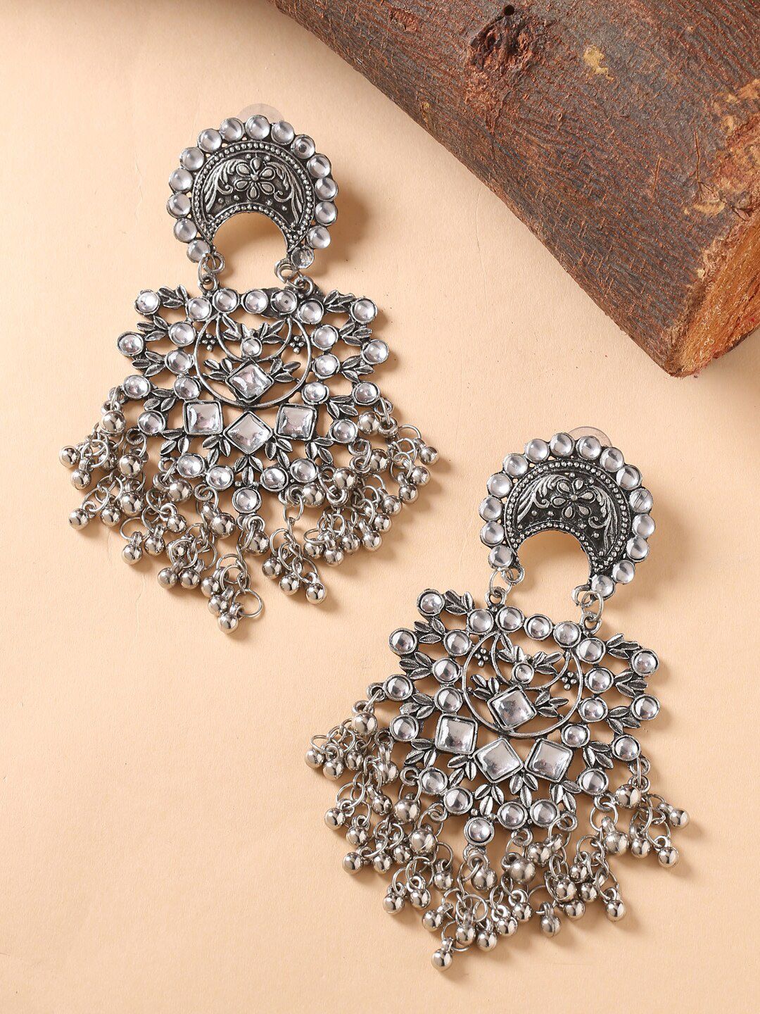 Fabstreet Oxidised Silver-Toned & White Stone Classic Chandbalis Earrings Price in India