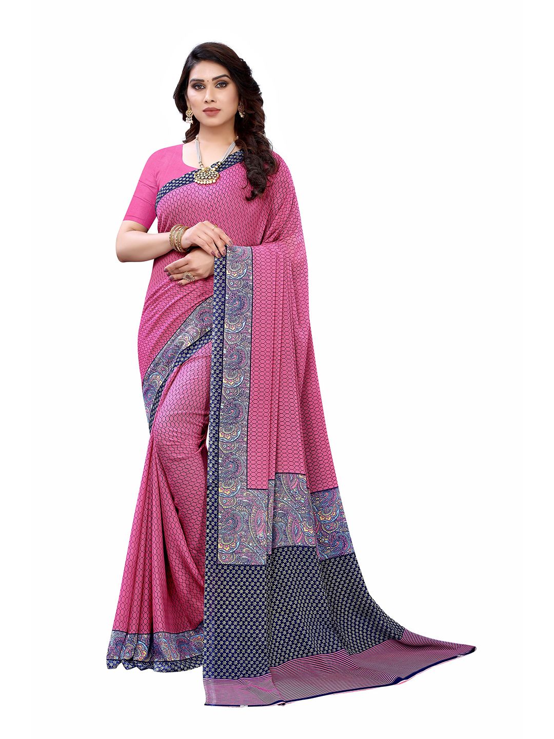 KALINI Pink & Navy Blue Poly Georgette Saree