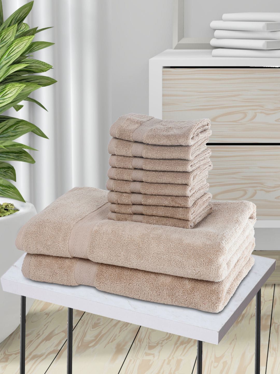 BIANCA Beige 10-Pieces Solid 500 GSM Face & Bath Towel Set Price in India